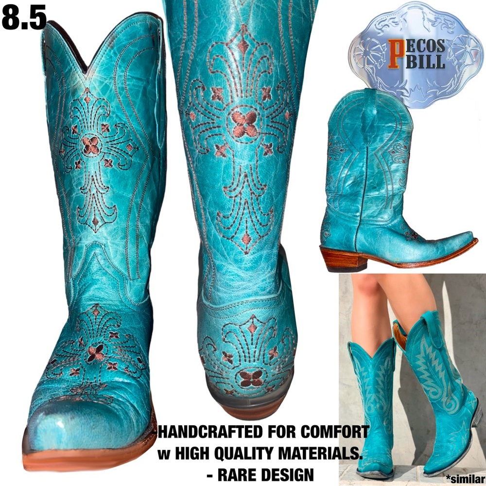 💎PECOS BILL Turquoise Leather Western Cowgirl Boots Embroidery Crosses 8.5